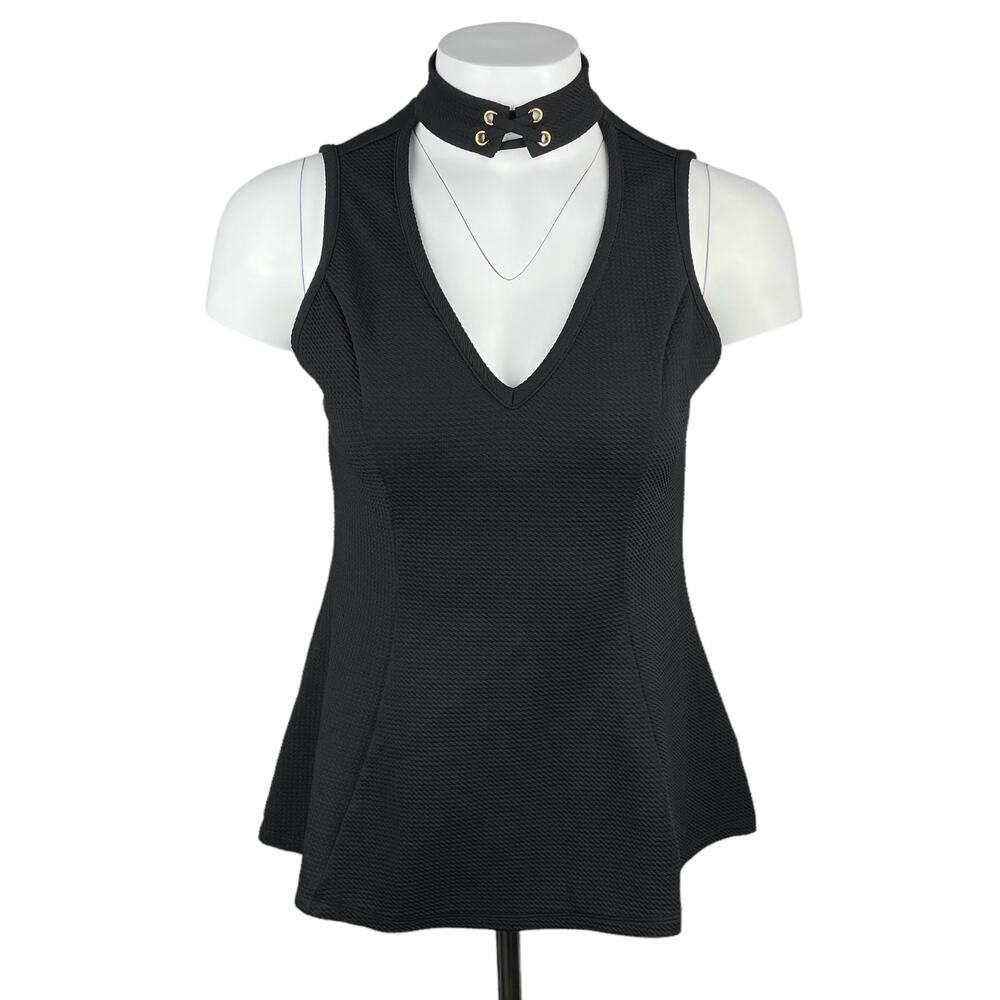 GUESS Peplum Textured Tie Neck V Neck Top Sz Small